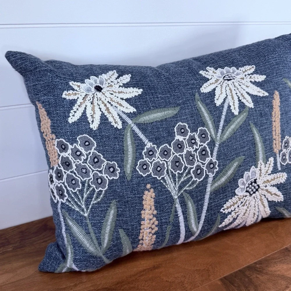 Mainstays Chambray Embroidered Botanical Decorative Pillow Boho Cottagecore